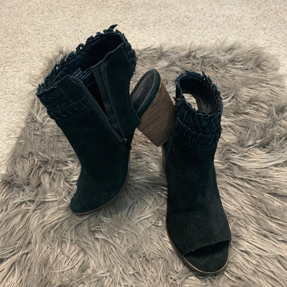 Lucky Brand Peep Toe Black Suede Shoes - Picture 3 of 6